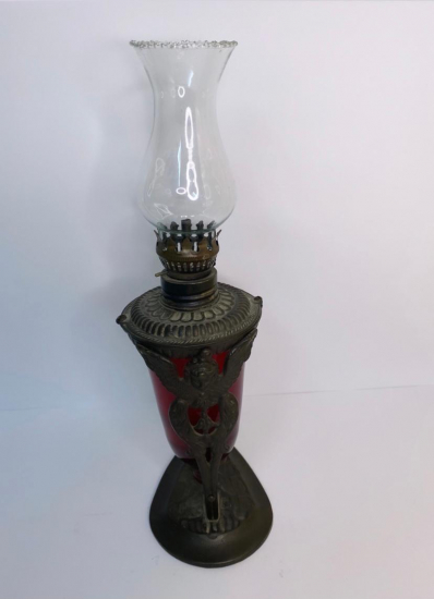BRONZ HEYKELLİ KIRMIZI CAMLI GAZ LAMBASI
